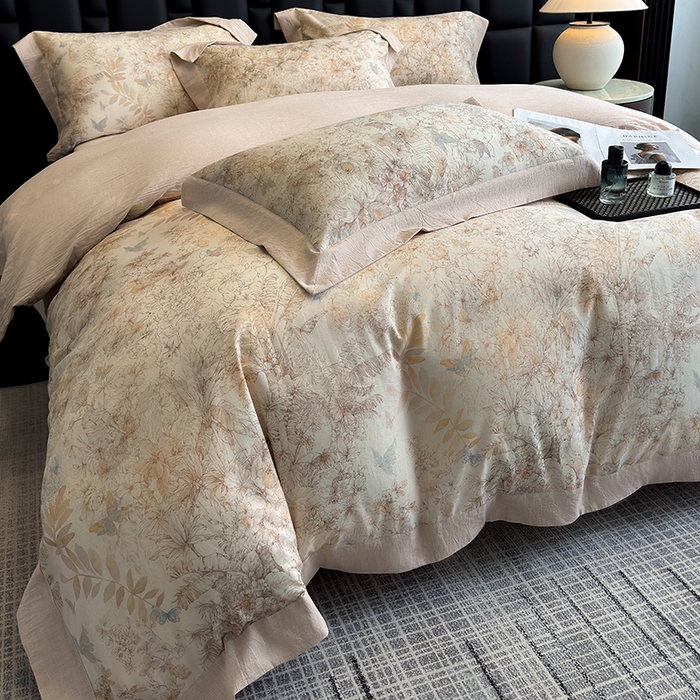 91家纺网 家纺一手货源 找家纺 家居1号 2025新款四季款活性数码印花 纯棉亚麻四件套 青逸花蝶-卡其