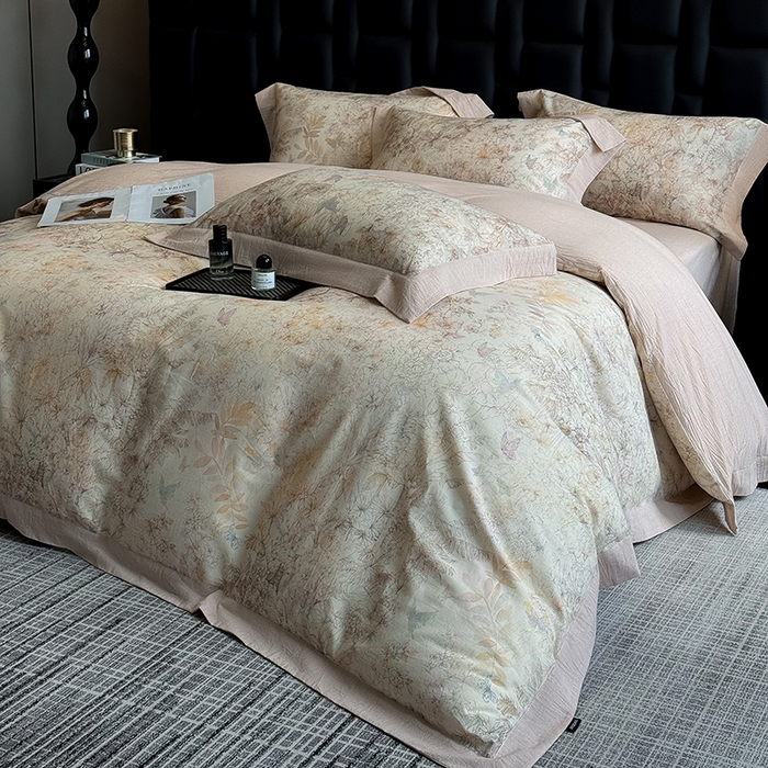 91家纺网 家纺一手货源 找家纺 家居1号 2025新款四季款活性数码印花 纯棉亚麻四件套 青逸花蝶-卡其