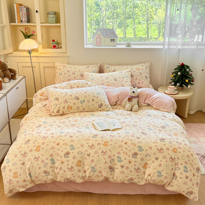 玉海棠家纺 2025新款A类加厚牛奶绒印花四件套 卖萌小狗