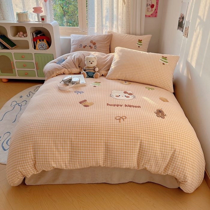 顾里家纺 2025新款圣诞猫咪毛巾绣牛奶绒套件 咖圣诞猫