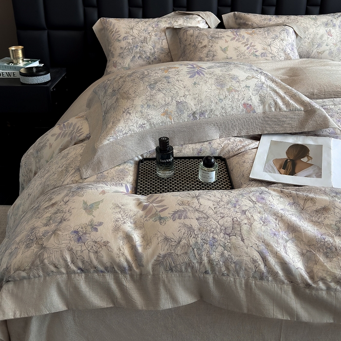 91家纺网 家纺一手货源 找家纺 家居1号 2025新款四季款活性数码印花 纯棉亚麻四件套 青逸花蝶-紫色