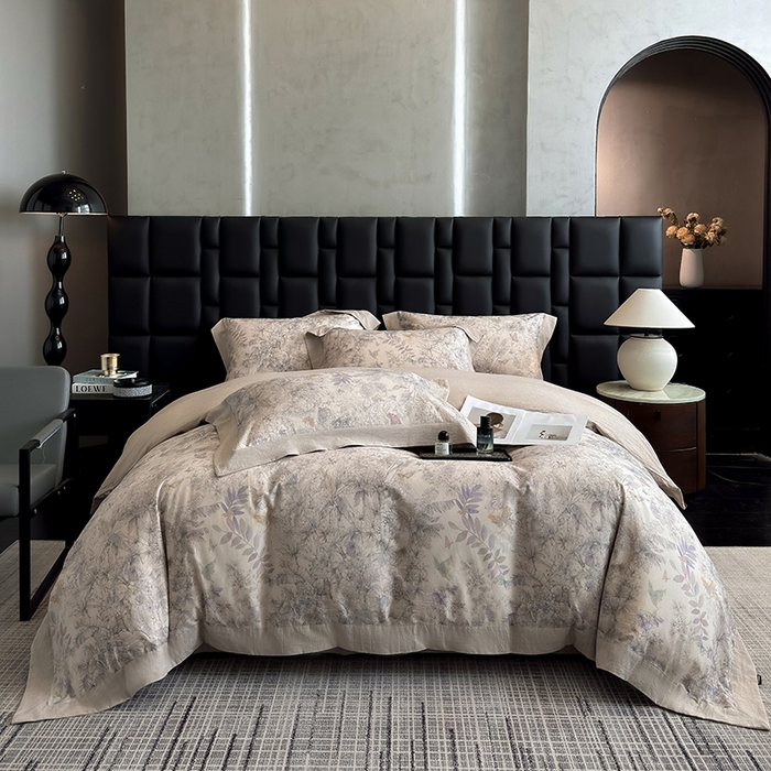 家居1号 2025新款四季款活性数码印花 纯棉亚麻四件套 青逸花蝶-紫色