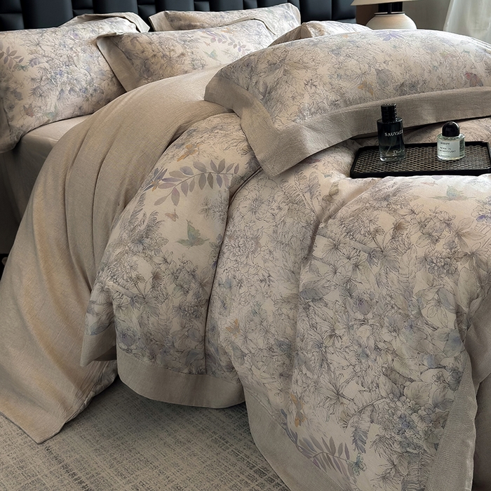 91家纺网 家纺一手货源 找家纺 家居1号 2025新款四季款活性数码印花 纯棉亚麻四件套 青逸花蝶-紫色