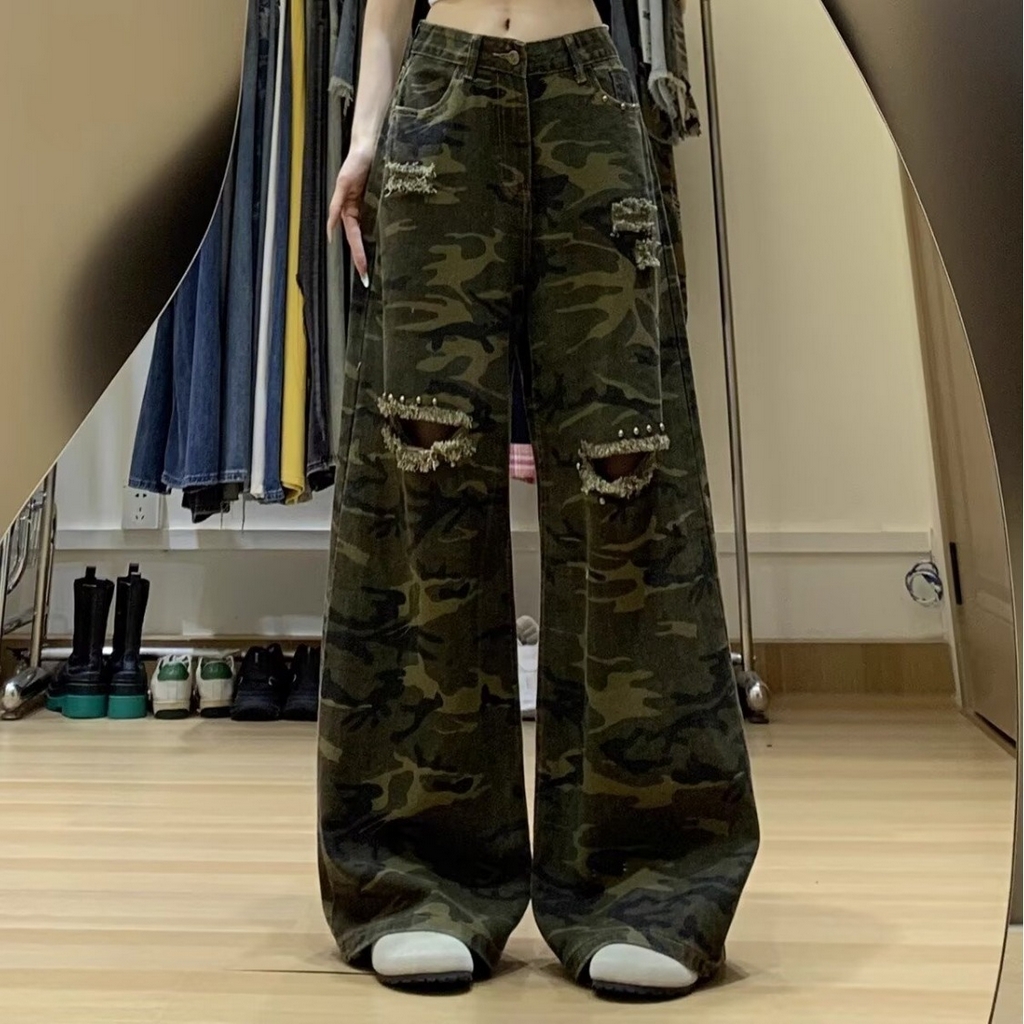91家纺网 家纺一手货源 找家纺 （总）洛兰沙家居馆【只代发】【只代发】 2025新款只代发美式复古铆钉迷彩牛仔裤女2025夏季薄款宽松显瘦阔腿裤直筒拖地裤批发14