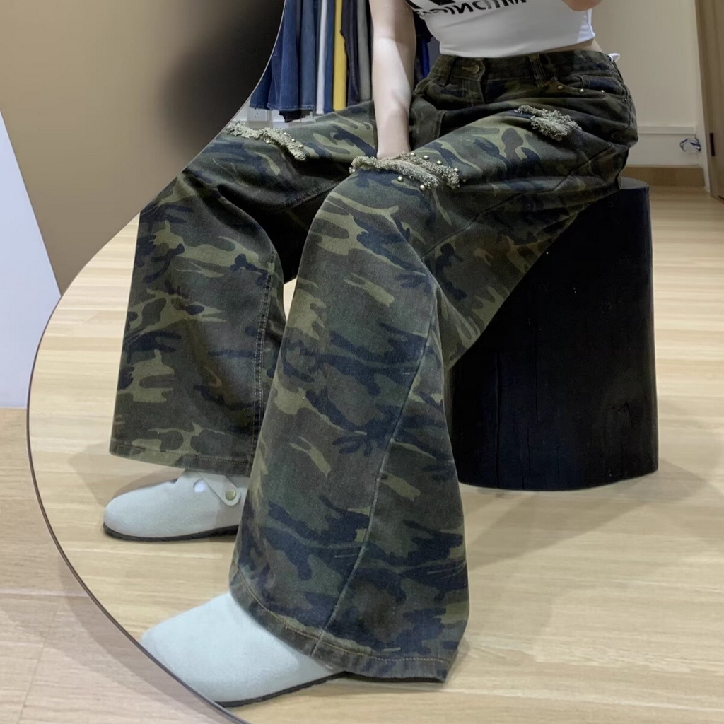 91家纺网 家纺一手货源 找家纺 （总）洛兰沙家居馆【只代发】【只代发】 2025新款只代发美式复古铆钉迷彩牛仔裤女2025夏季薄款宽松显瘦阔腿裤直筒拖地裤批发14