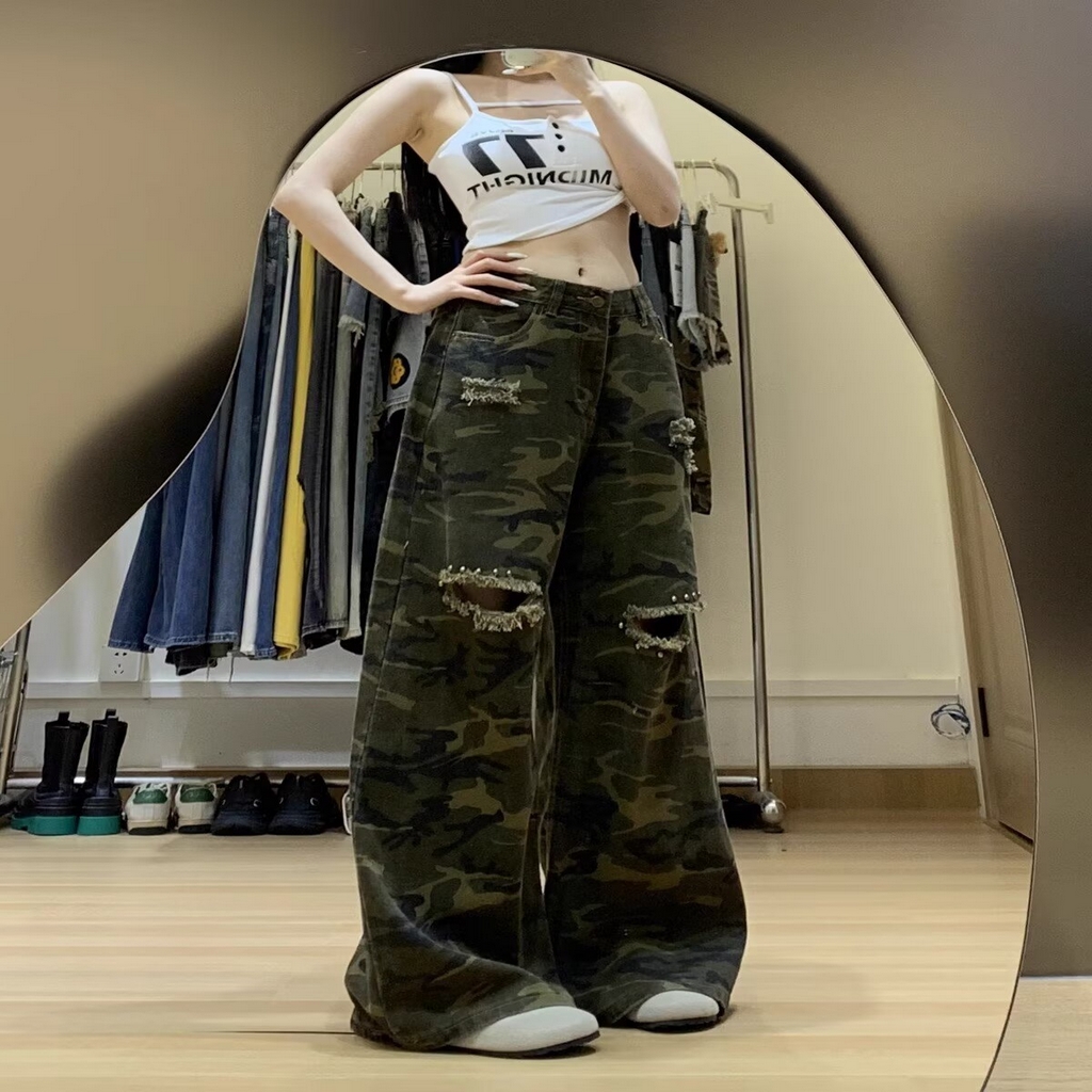 91家纺网 家纺一手货源 找家纺 （总）洛兰沙家居馆【只代发】【只代发】 2025新款只代发美式复古铆钉迷彩牛仔裤女2025夏季薄款宽松显瘦阔腿裤直筒拖地裤批发14