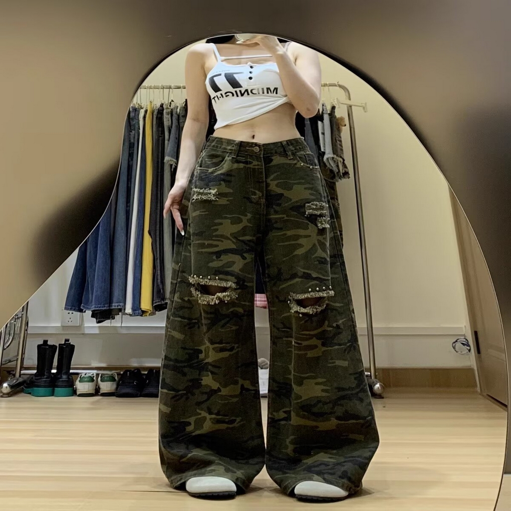 91家纺网 家纺一手货源 找家纺 （总）洛兰沙家居馆【只代发】【只代发】 2025新款只代发美式复古铆钉迷彩牛仔裤女2025夏季薄款宽松显瘦阔腿裤直筒拖地裤批发14