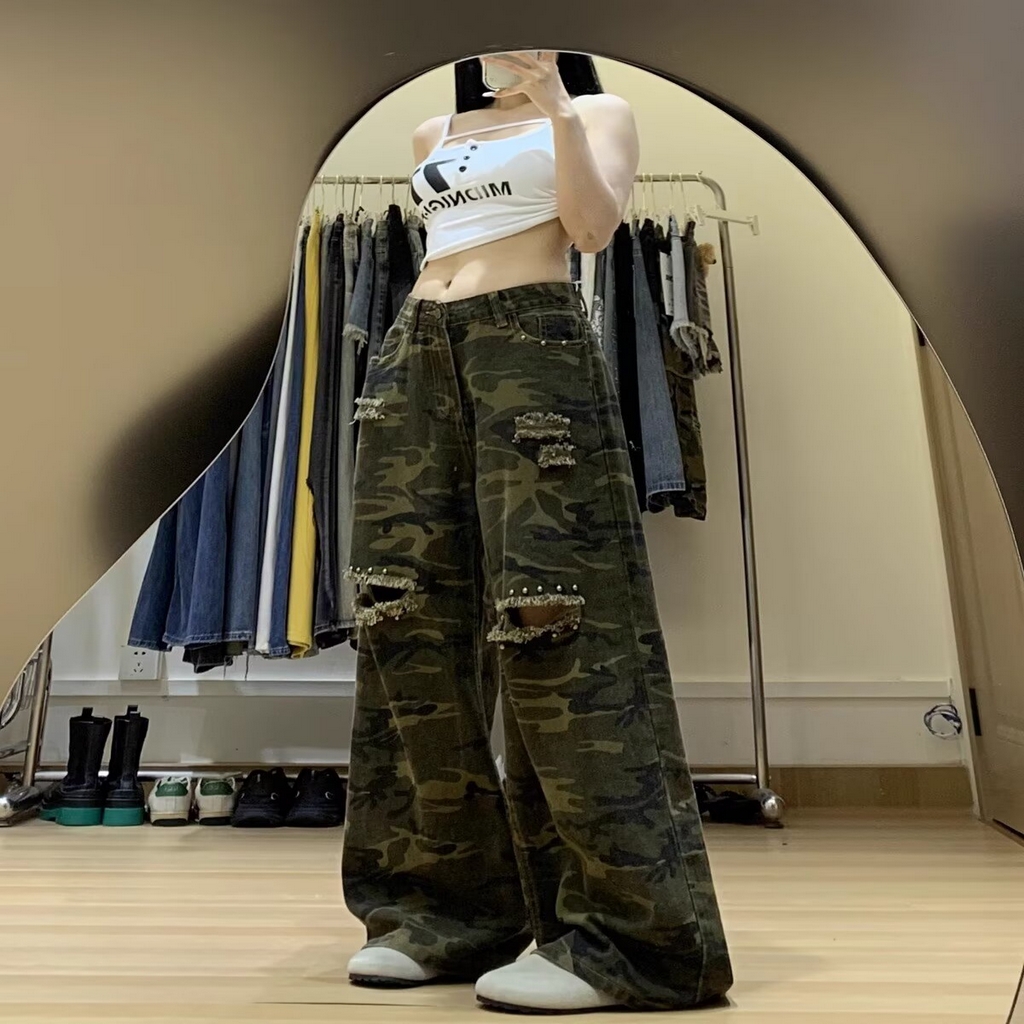 91家纺网 家纺一手货源 找家纺 （总）洛兰沙家居馆【只代发】【只代发】 2025新款只代发美式复古铆钉迷彩牛仔裤女2025夏季薄款宽松显瘦阔腿裤直筒拖地裤批发14