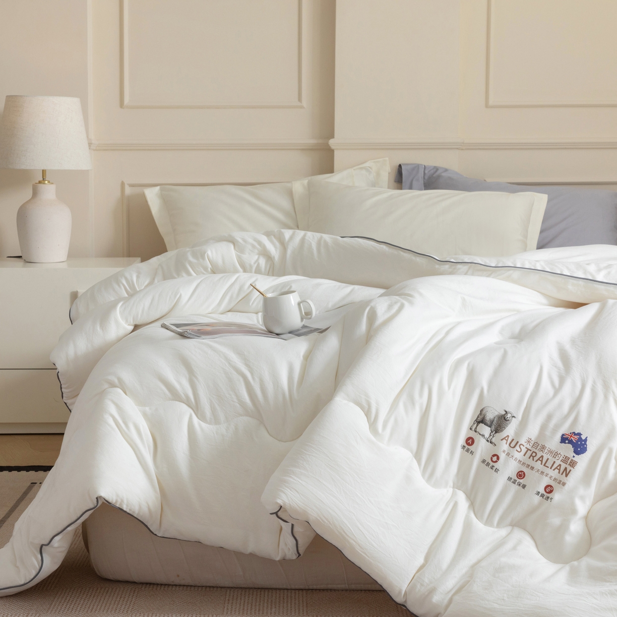 91家纺网 家纺一手货源 找家纺 紫乐家纺 2025新款水洗棉澳洲羊毛被秋冬保暖款被子被芯春秋被加厚保暖冬被 白色