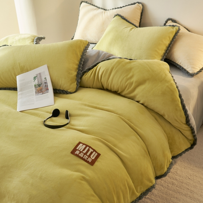 91家纺网 家纺一手货源 找家纺 晨曦家纺 2025新款加厚高克重230克日系简约小包边牛奶绒单被套 简约-苹果绿灰