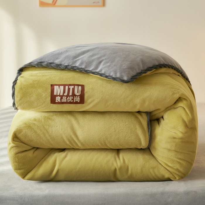 91家纺网 家纺一手货源 找家纺 晨曦家纺 2025新款加厚高克重230克日系简约小包边牛奶绒单被套 简约-苹果绿灰