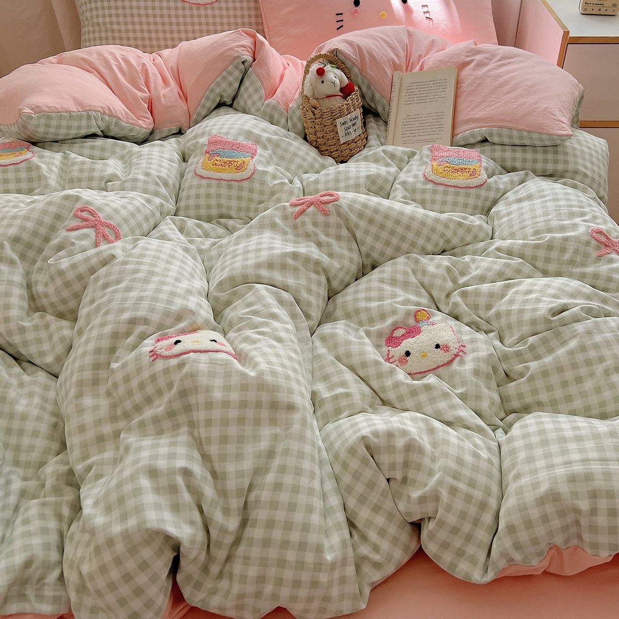 顾里家纺 2025新款格子奶系蛋糕猫云朵棉毛巾绣套件 绿格蛋糕猫