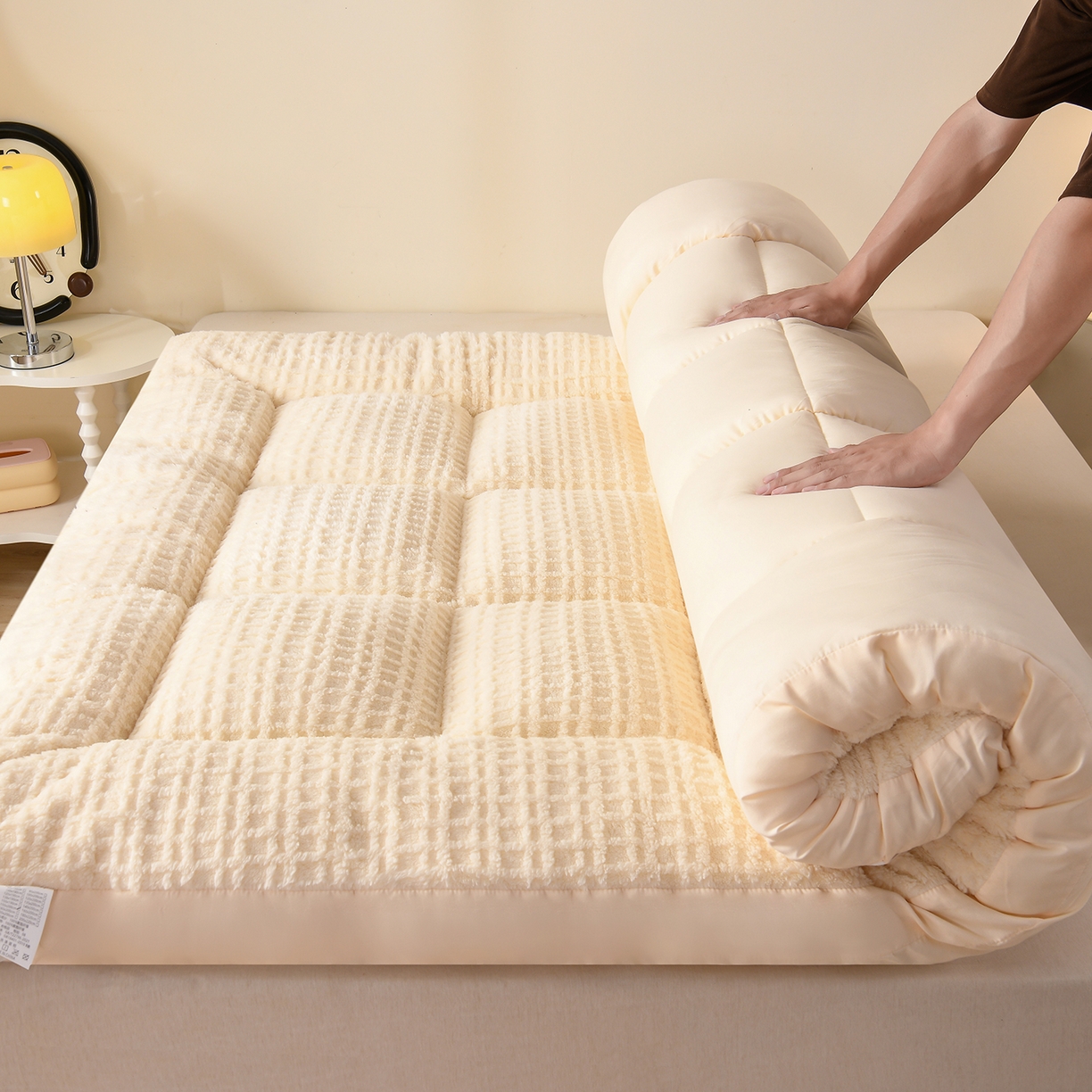 91家纺网 家纺一手货源 找家纺 小叮当家纺仓储工厂店 2025新款亲肤舒适方格绒系列床垫垫子-方格绒 方格绒-奶白