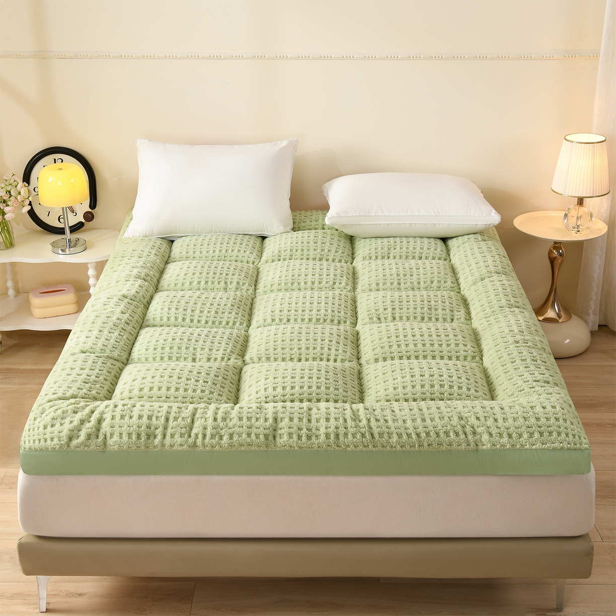 91家纺网 家纺一手货源 找家纺 小叮当家纺仓储工厂店 2025新款亲肤舒适方格绒系列床垫垫子-方格绒 方格绒-抹茶绿