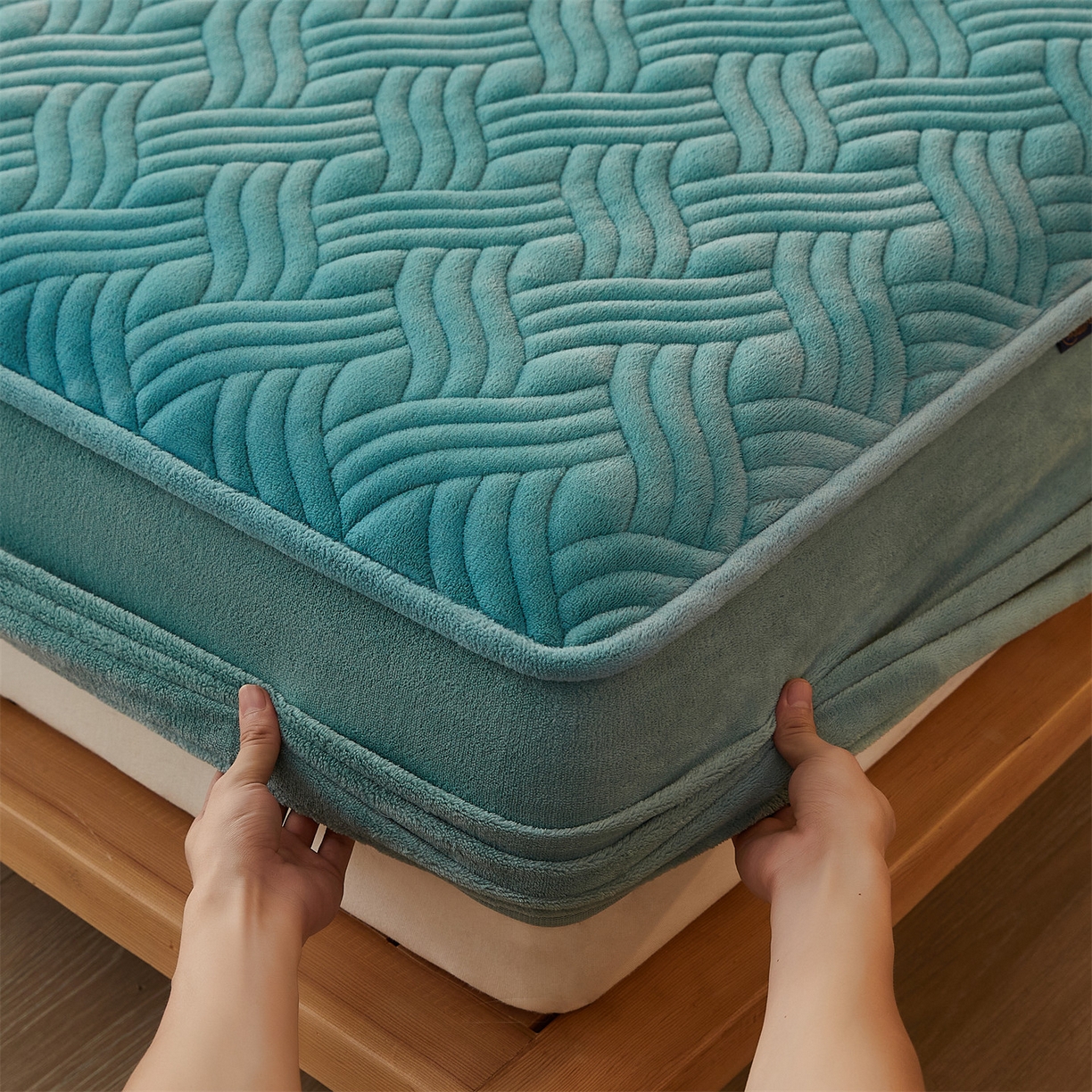 91家纺网 家纺一手货源 找家纺 金鹰 2025新款A类牛奶绒云眠绒夹棉床笠牛奶绒床笠席梦思保护套床垫套 雾兰