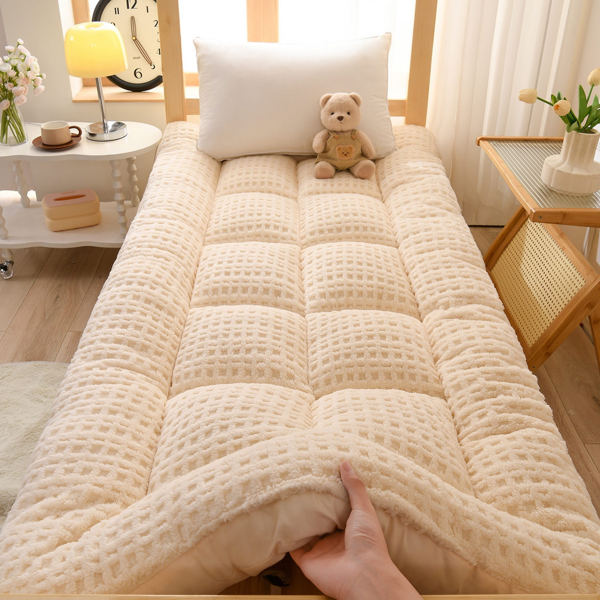 91家纺网 家纺一手货源 找家纺 （总）小叮当家纺仓储工厂店 2025新款A类提花牛奶绒塔芙绒单床垫床垫单品跨境-方格 学生床