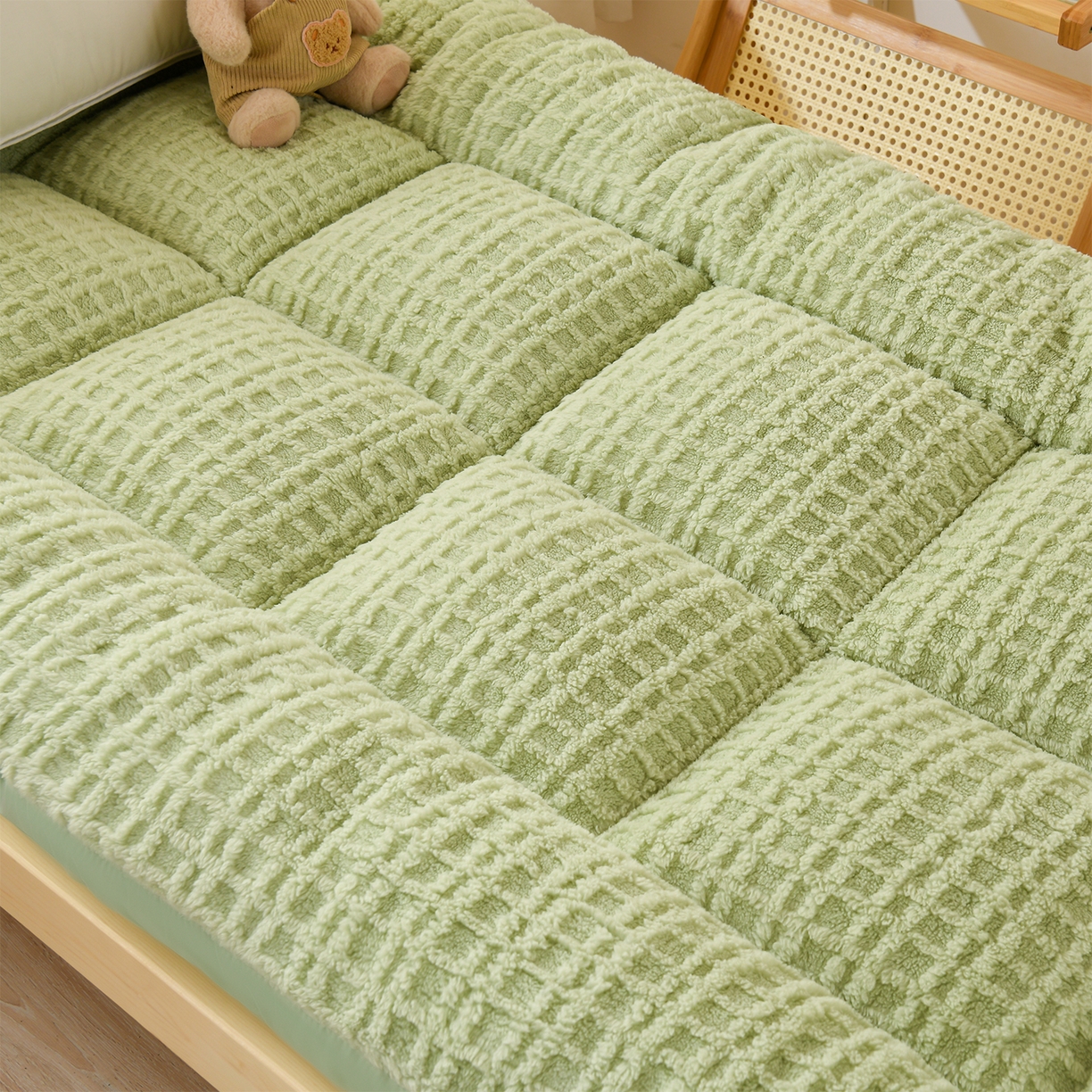 91家纺网 家纺一手货源 找家纺 小叮当家纺仓储工厂店 2025新款A类提花牛奶绒塔芙绒单床垫床垫单品跨境-方格 学生床 方格果绿