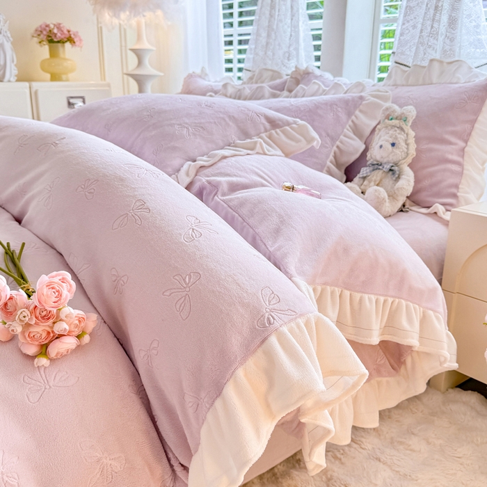 逸尚阁 2025新款立体雕花牛奶绒花边四件套-蝴蝶结系列 蝴蝶结-梅紫