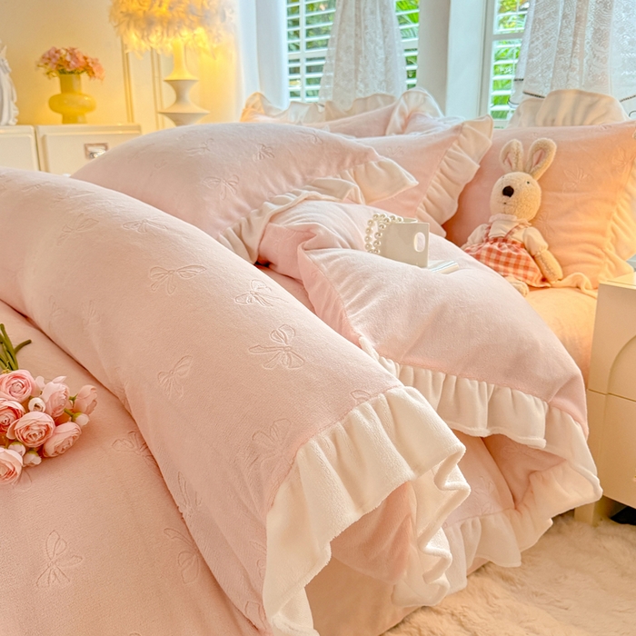 逸尚阁 2025新款立体雕花牛奶绒花边四件套-蝴蝶结系列 蝴蝶结-浅玉