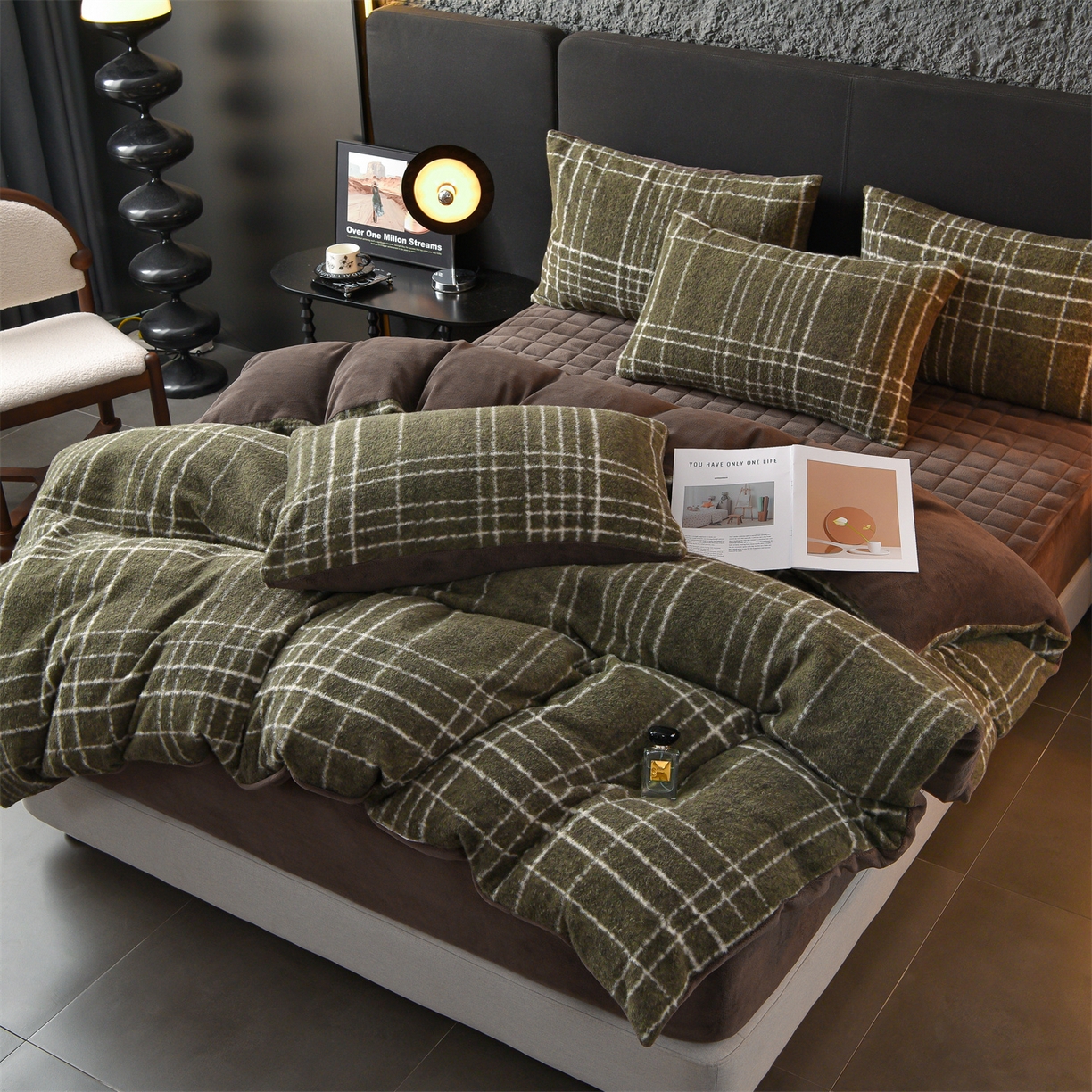 91家纺网 家纺一手货源 找家纺 金鹰 2025新款仿羊绒夹棉印花床笠四件套加厚牛奶绒四件套 米兰-绿