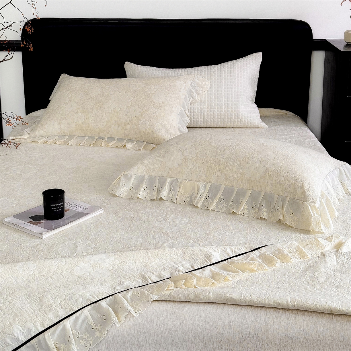 91家纺网 家纺一手货源 找家纺 金鹰 2025新款A类全棉花边棉麻空气层床盖 花边床盖-花海