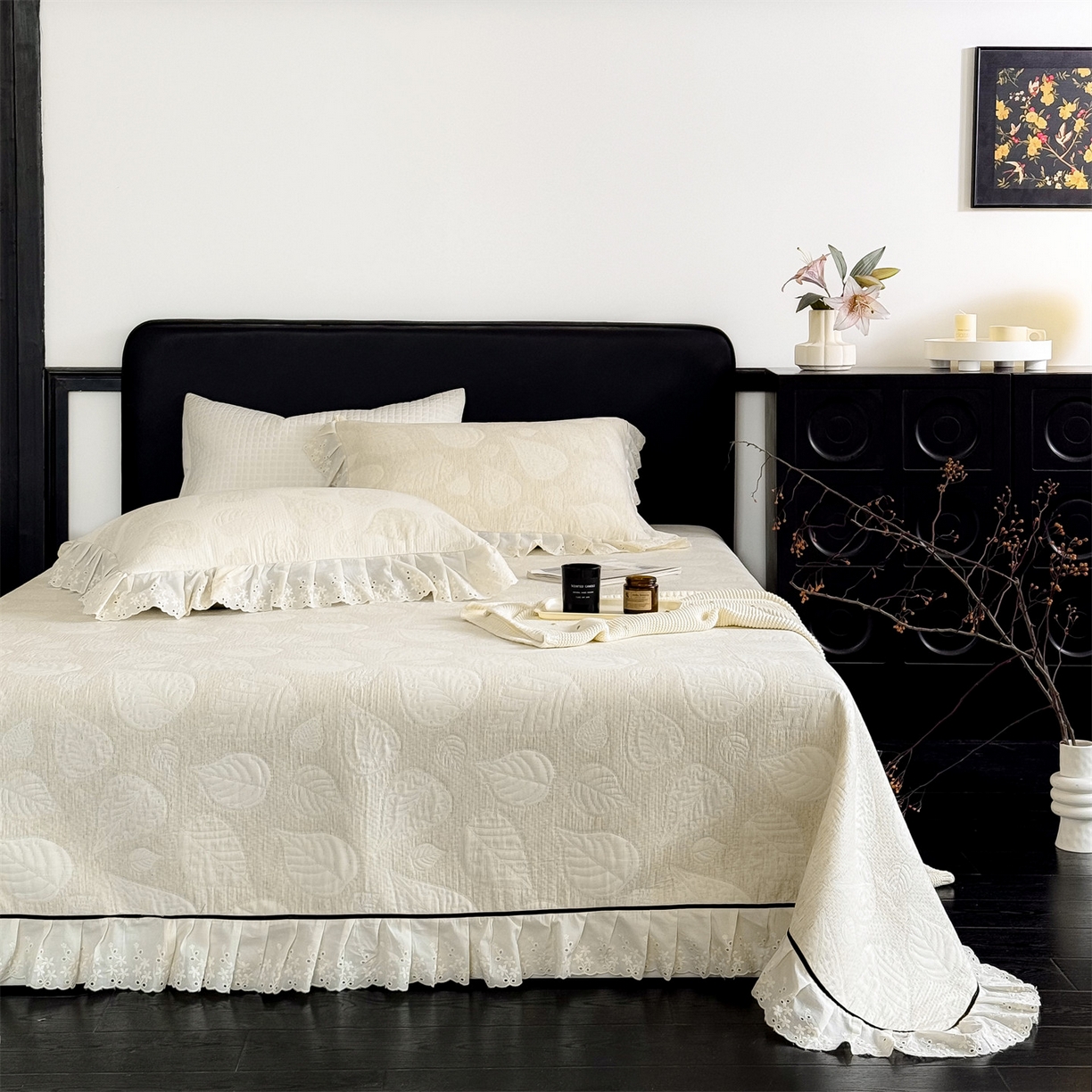 91家纺网 家纺一手货源 找家纺 金鹰 2025新款A类全棉花边棉麻空气层床盖 花边床盖-叶语