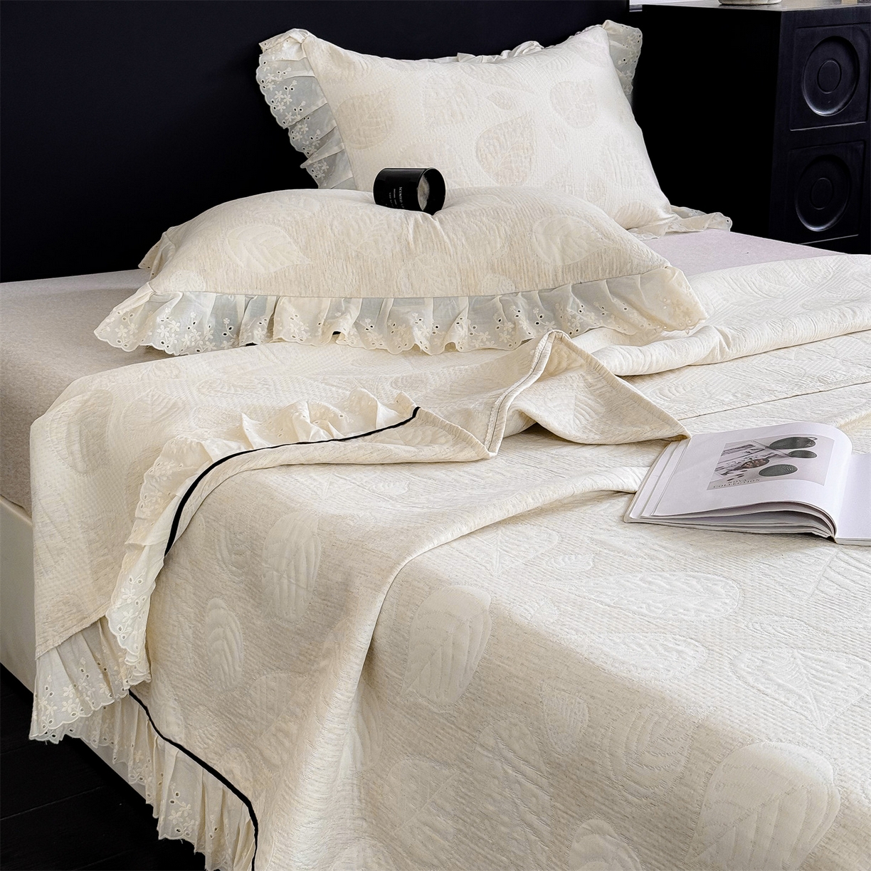 91家纺网 家纺一手货源 找家纺 金鹰 2025新款A类全棉花边棉麻空气层床盖 花边床盖-叶语