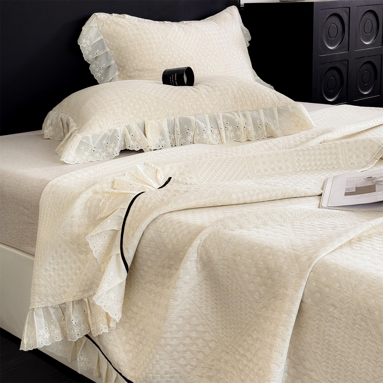 91家纺网 家纺一手货源 找家纺 金鹰 2025新款A类全棉花边棉麻空气层床盖 花边床盖-格调