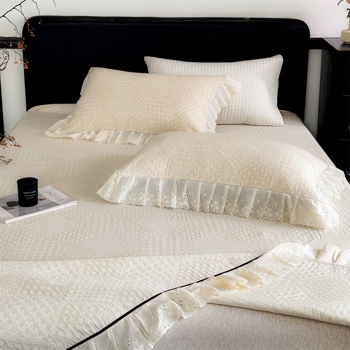 91家纺网 家纺一手货源 找家纺 金鹰 2025新款A类全棉花边棉麻空气层床盖 花边床盖-格调