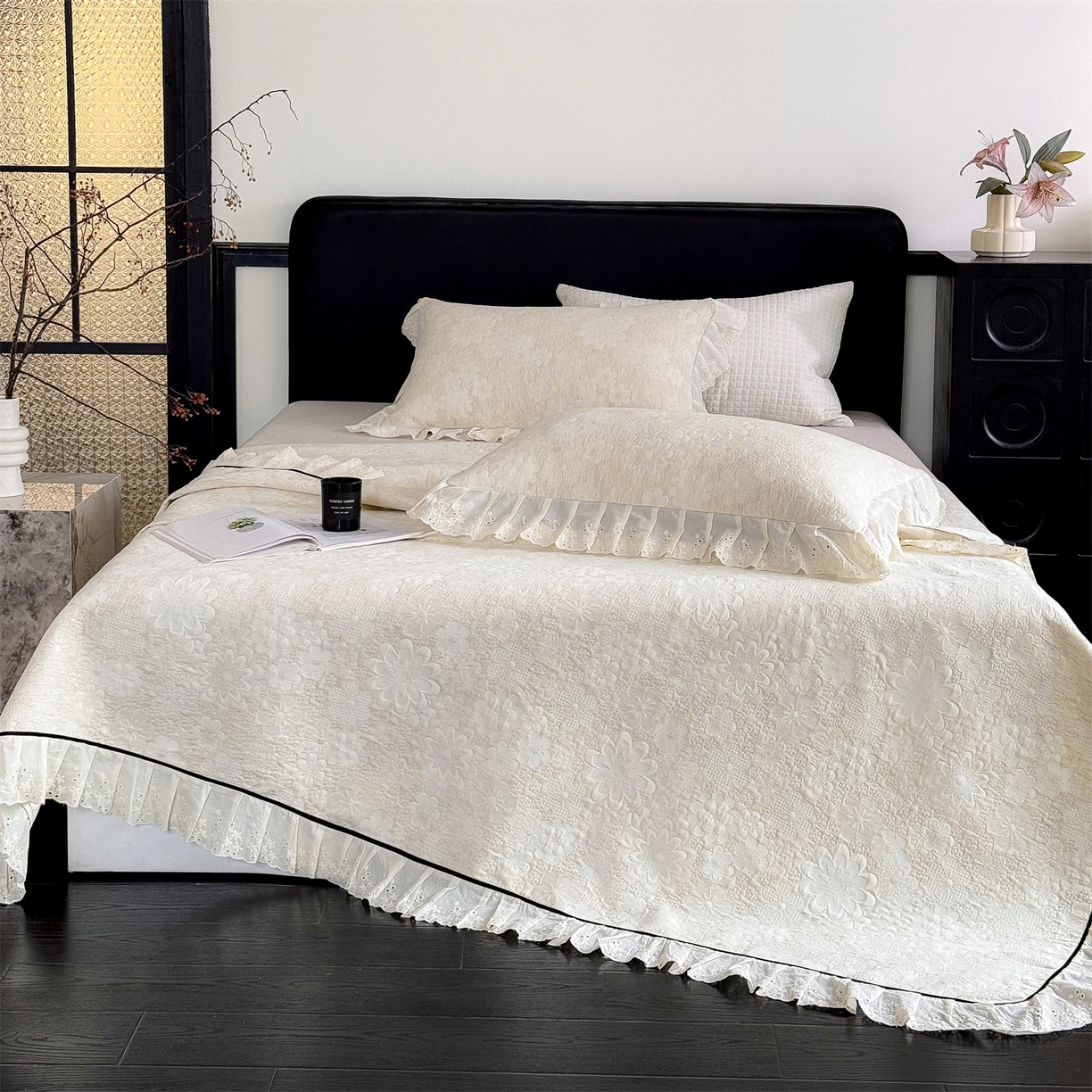 91家纺网 家纺一手货源 找家纺 金鹰 2025新款A类全棉花边棉麻空气层床盖 花边床盖-花海