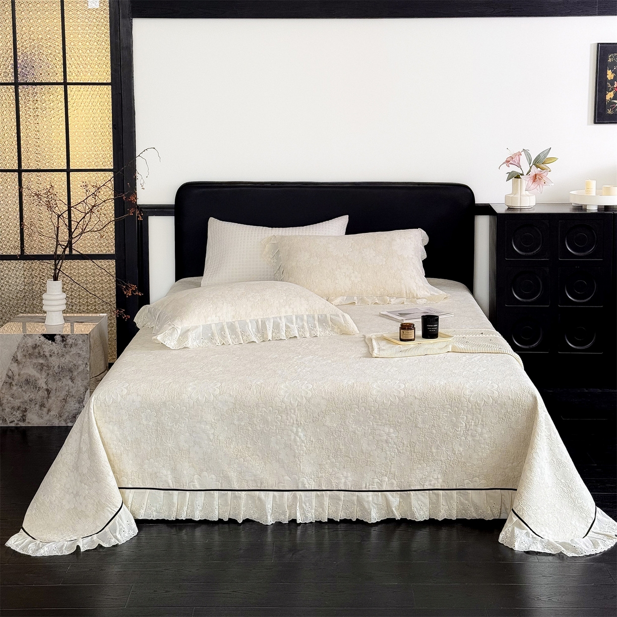 91家纺网 家纺一手货源 找家纺 金鹰 2025新款A类全棉花边棉麻空气层床盖 花边床盖-花海