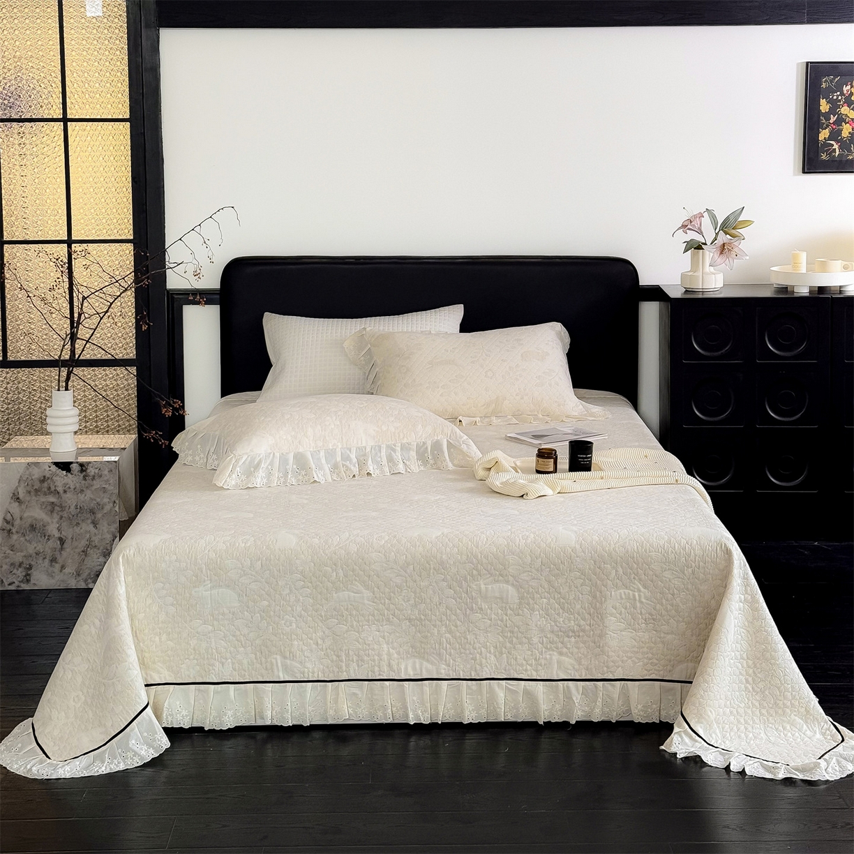 91家纺网 家纺一手货源 找家纺 金鹰 2025新款A类全棉花边棉麻空气层床盖 花边床盖-花涧兔