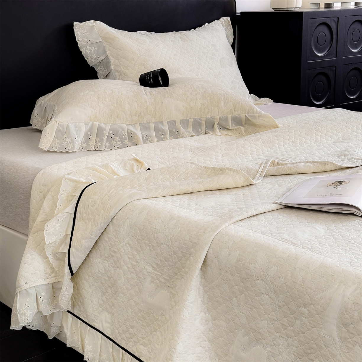 91家纺网 家纺一手货源 找家纺 金鹰 2025新款A类全棉花边棉麻空气层床盖 花边床盖-花涧兔