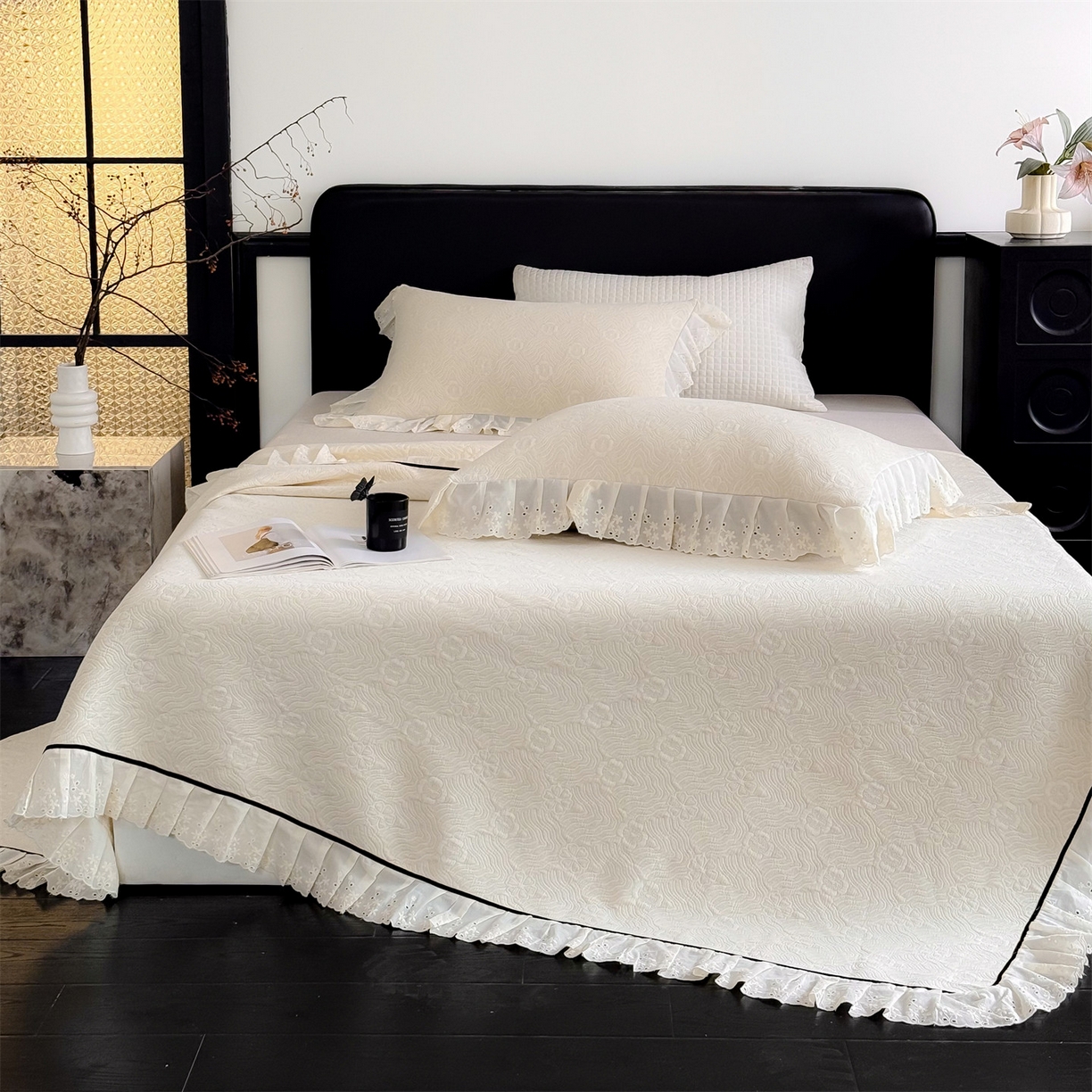 91家纺网 家纺一手货源 找家纺 金鹰 2025新款A类全棉花边棉麻空气层床盖 花边床盖-兰素