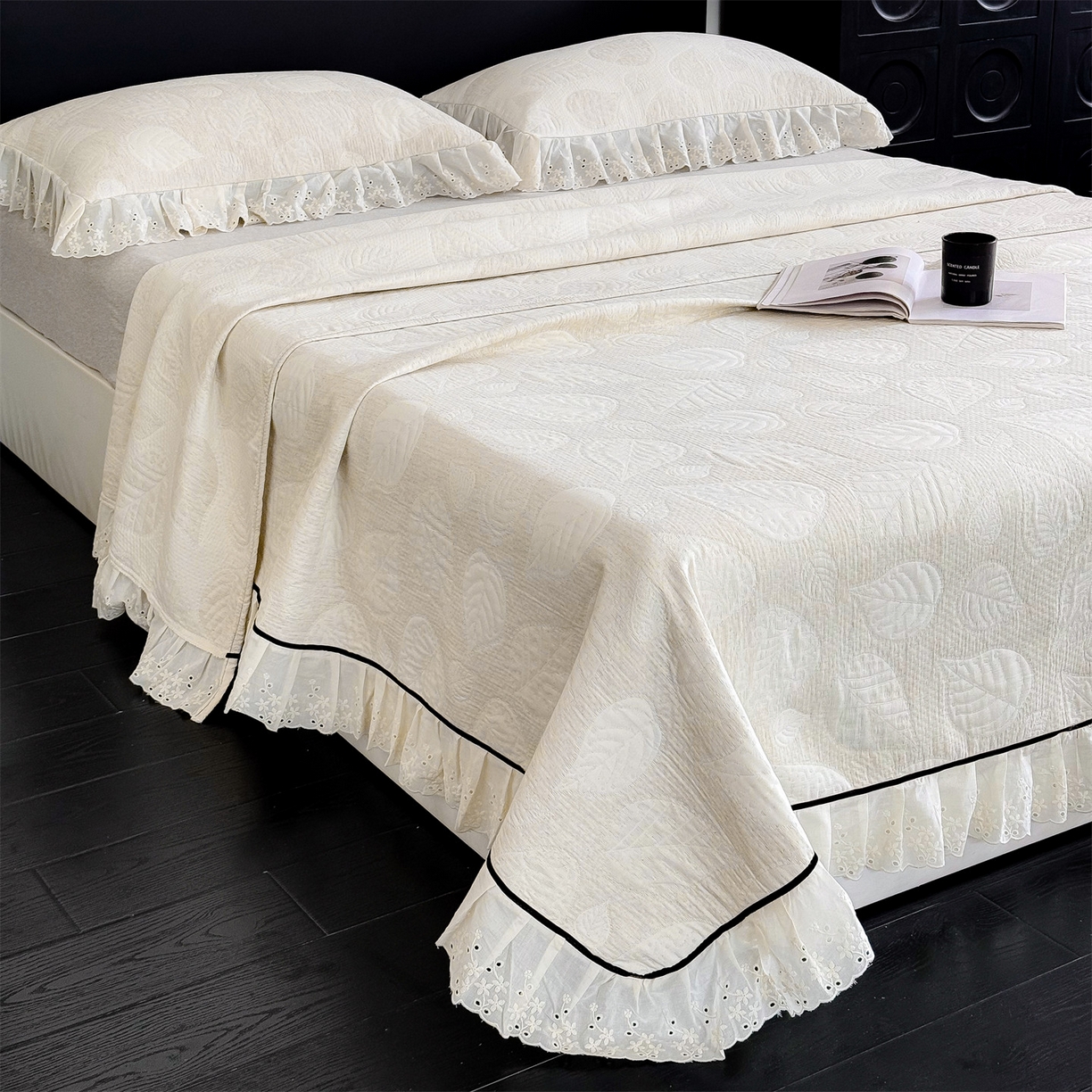 91家纺网 家纺一手货源 找家纺 金鹰 2025新款A类全棉花边棉麻空气层床盖 花边床盖-叶语