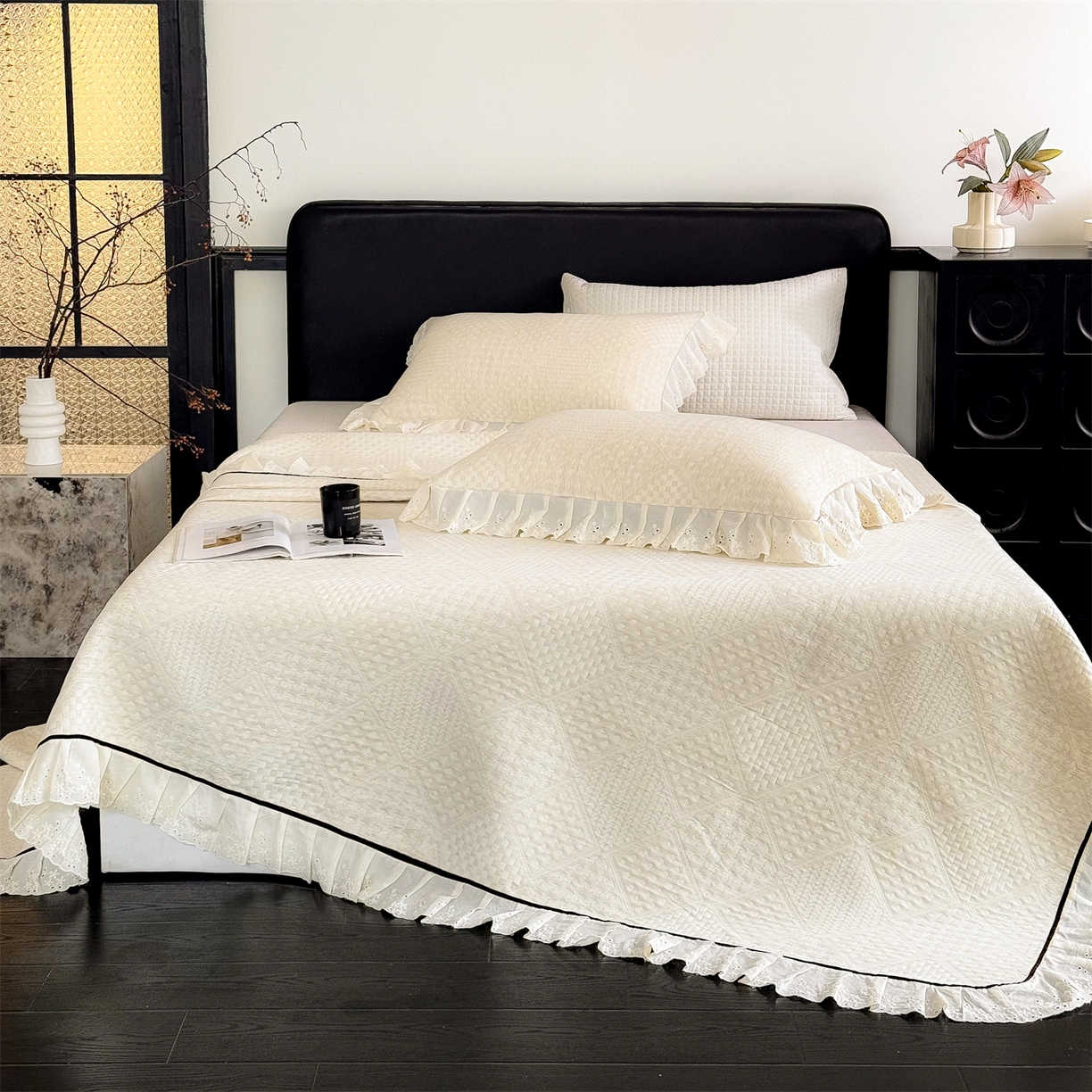 91家纺网 家纺一手货源 找家纺 金鹰 2025新款A类全棉花边棉麻空气层床盖 花边床盖-格调