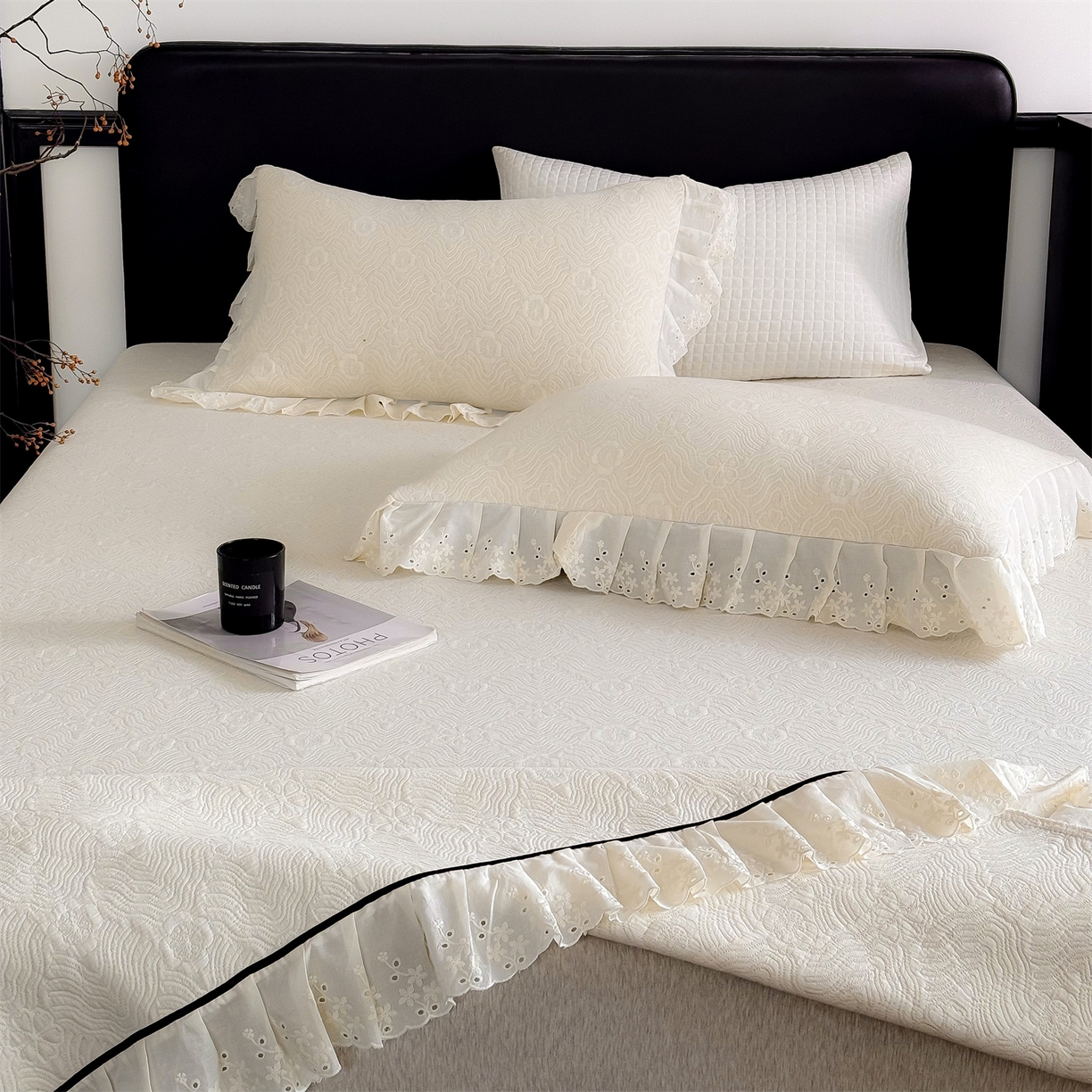 91家纺网 家纺一手货源 找家纺 金鹰 2025新款A类全棉花边棉麻空气层床盖 花边床盖-兰素