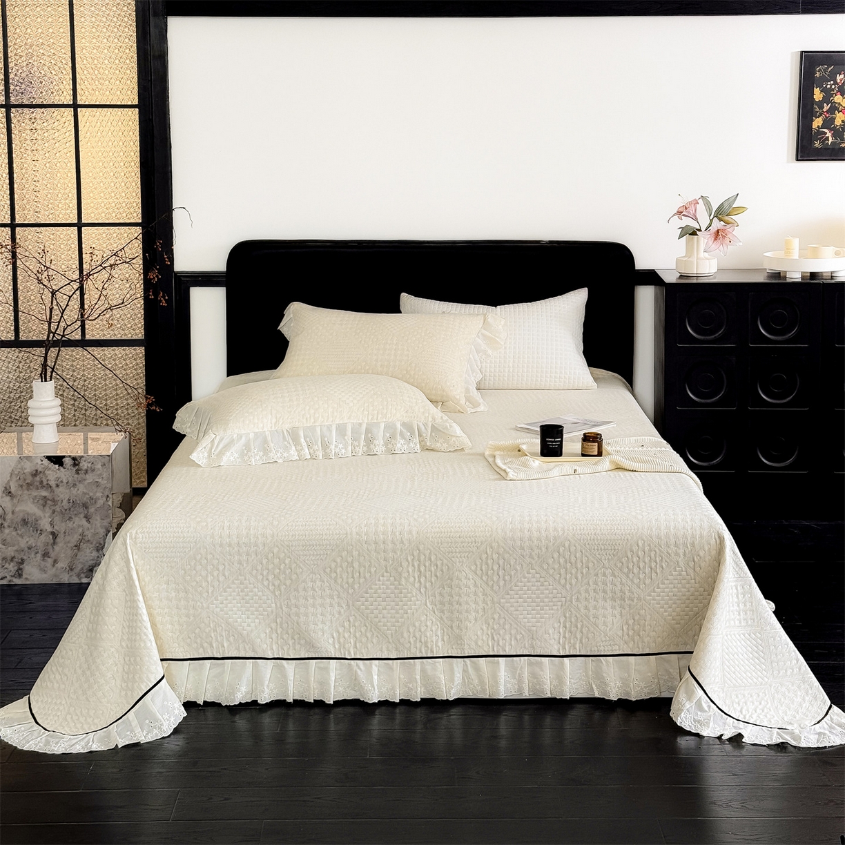 91家纺网 家纺一手货源 找家纺 金鹰 2025新款A类全棉花边棉麻空气层床盖 花边床盖-格调