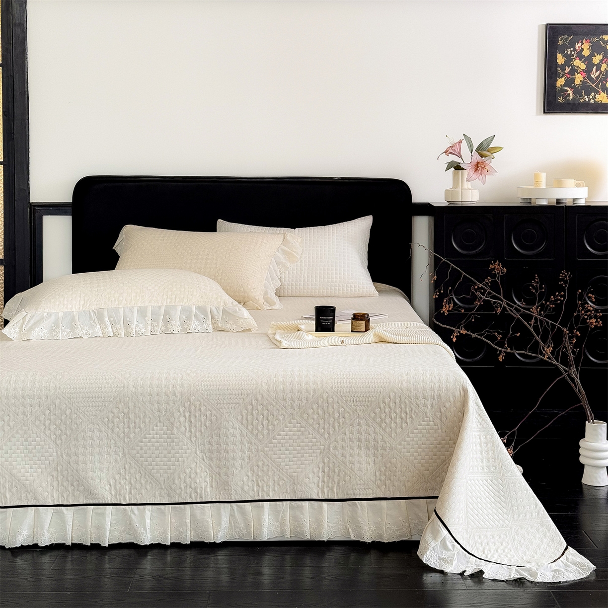 91家纺网 家纺一手货源 找家纺 金鹰 2025新款A类全棉花边棉麻空气层床盖 花边床盖-格调