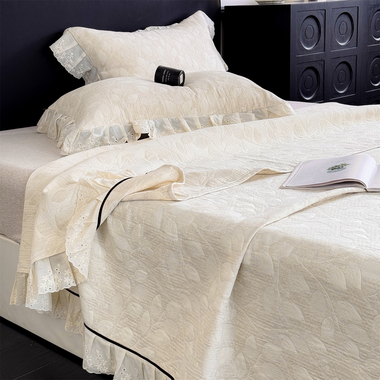 91家纺网 家纺一手货源 找家纺 金鹰 2025新款A类全棉花边棉麻空气层床盖 花边床盖-春意