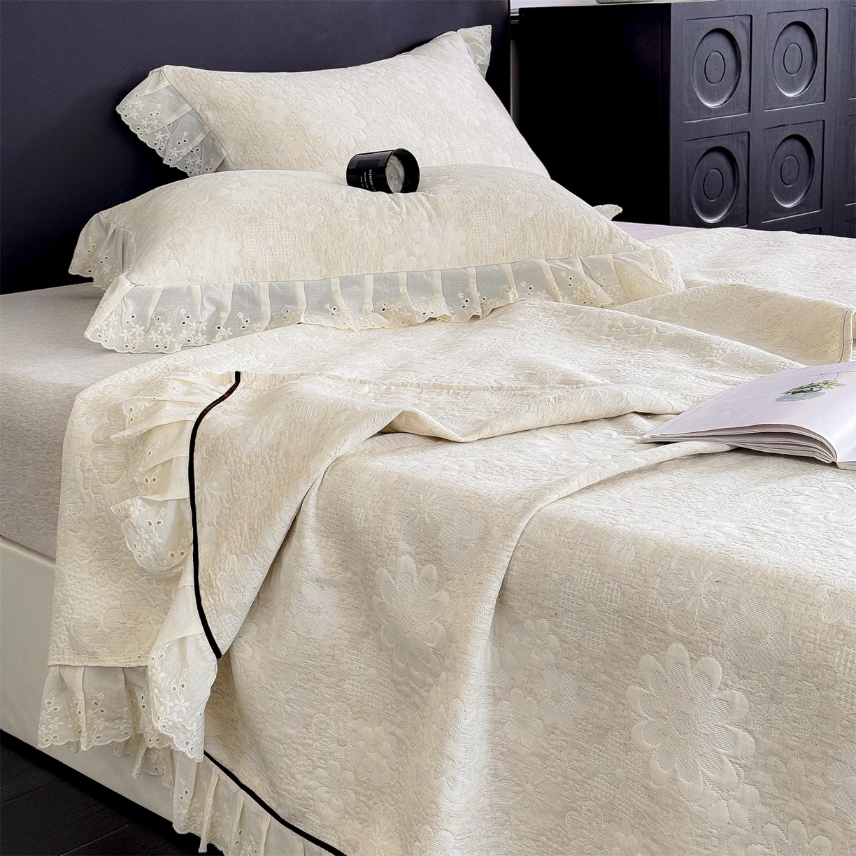 91家纺网 家纺一手货源 找家纺 金鹰 2025新款A类全棉花边棉麻空气层床盖 花边床盖-花海