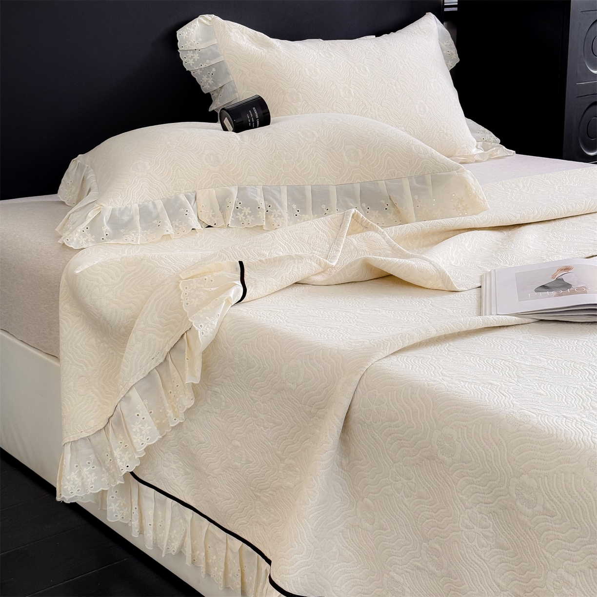 91家纺网 家纺一手货源 找家纺 金鹰 2025新款A类全棉花边棉麻空气层床盖 花边床盖-兰素