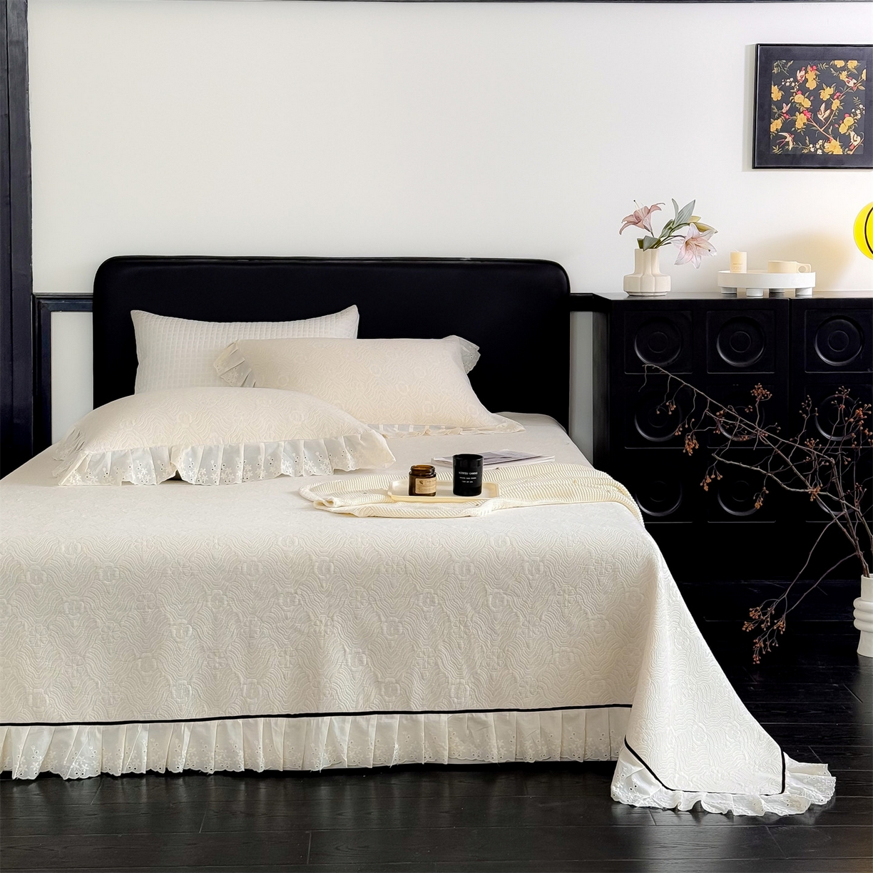 91家纺网 家纺一手货源 找家纺 金鹰 2025新款A类全棉花边棉麻空气层床盖 花边床盖-兰素