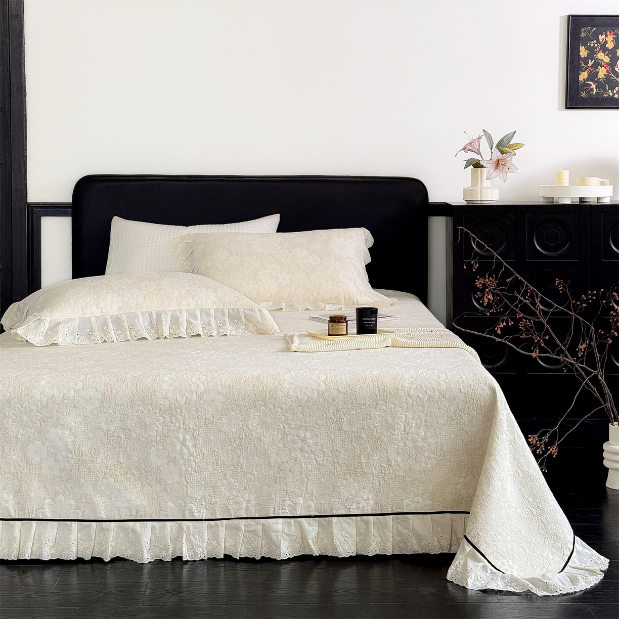 91家纺网 家纺一手货源 找家纺 金鹰 2025新款A类全棉花边棉麻空气层床盖 花边床盖-花海