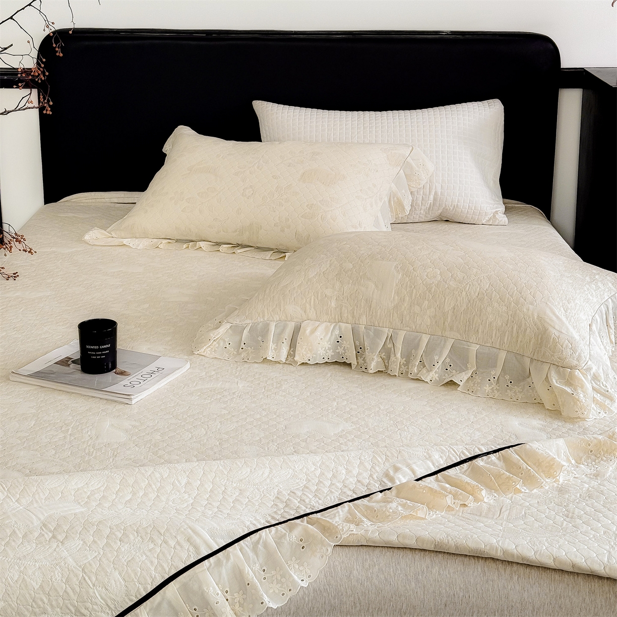 91家纺网 家纺一手货源 找家纺 金鹰 2025新款A类全棉花边棉麻空气层床盖 花边床盖-花涧兔