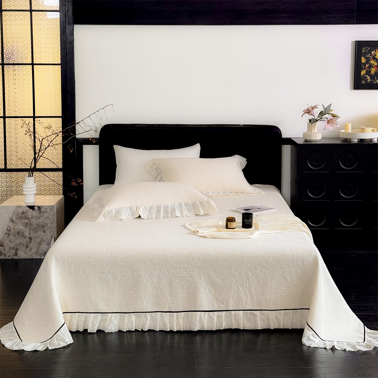 91家纺网 家纺一手货源 找家纺 金鹰 2025新款A类全棉花边棉麻空气层床盖 花边床盖-兰素