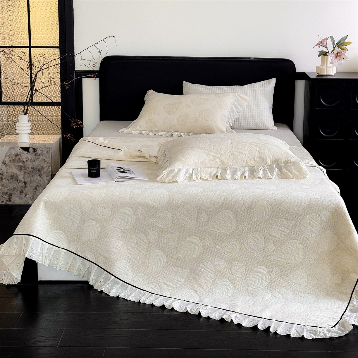 91家纺网 家纺一手货源 找家纺 金鹰 2025新款A类全棉花边棉麻空气层床盖 花边床盖-叶语