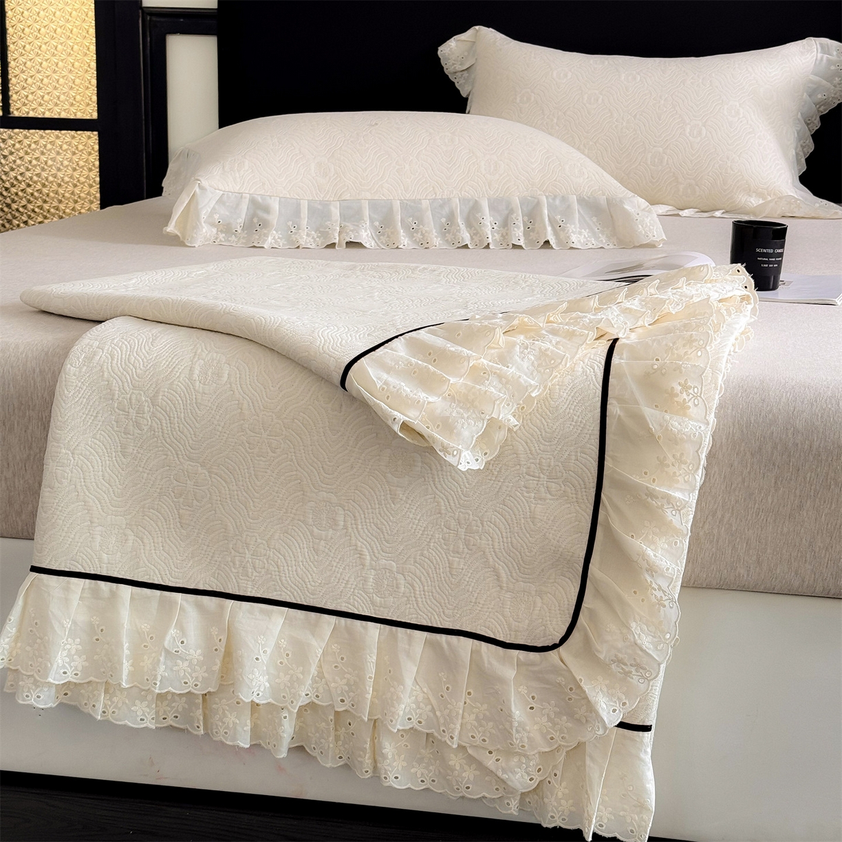 91家纺网 家纺一手货源 找家纺 金鹰 2025新款A类全棉花边棉麻空气层床盖 花边床盖-兰素