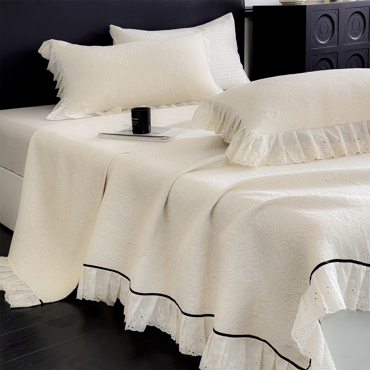 91家纺网 家纺一手货源 找家纺 金鹰 2025新款A类全棉花边棉麻空气层床盖 花边床盖-兰素