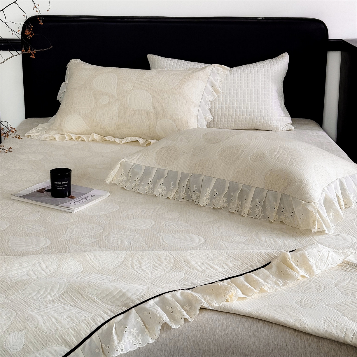 91家纺网 家纺一手货源 找家纺 金鹰 2025新款A类全棉花边棉麻空气层床盖 花边床盖-叶语